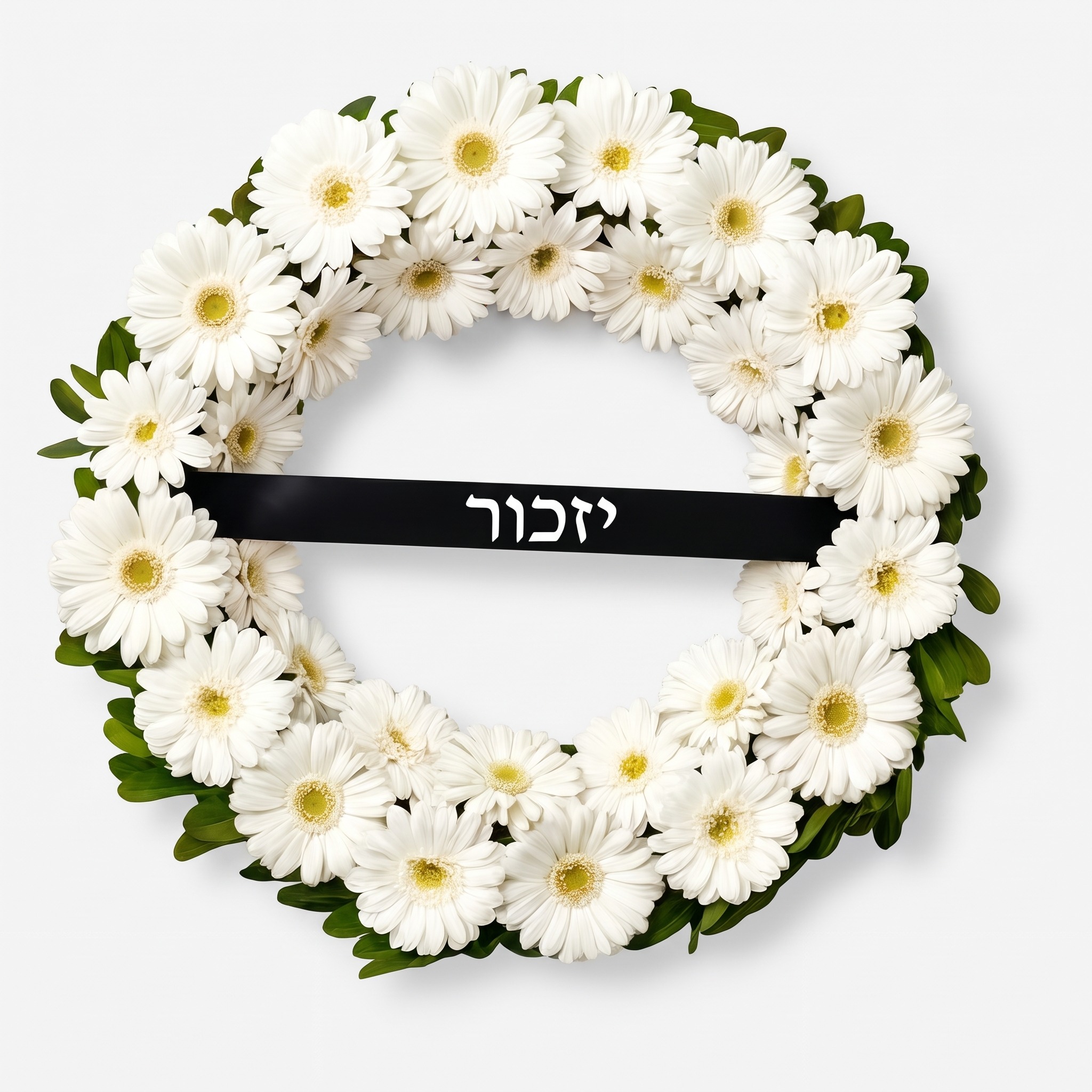 גלגל אבל עגול של פרחים לבנים עם סרט "יזכור"
