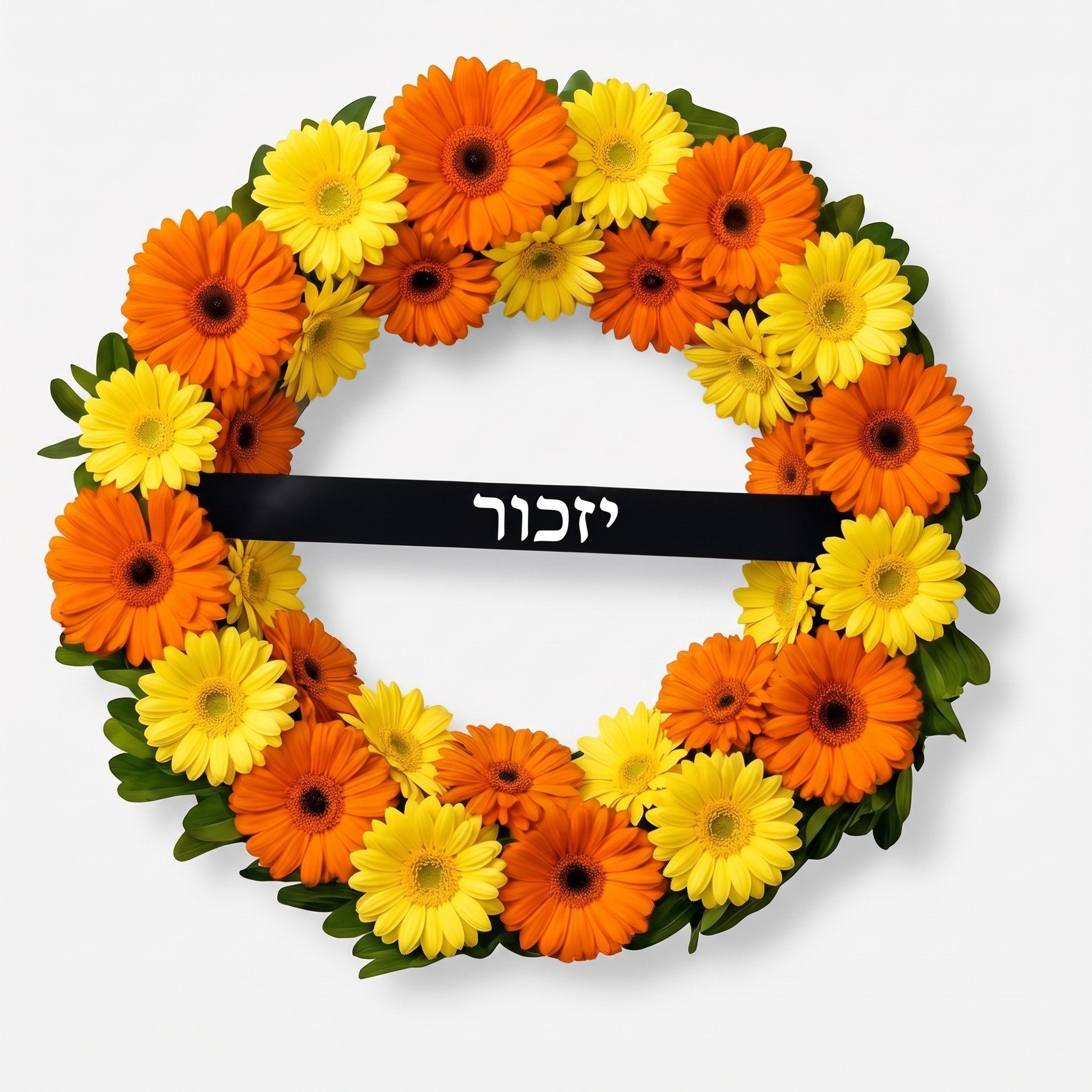 גלגל אבל עגול של גרברות כתומות וצהובות עם סרט "יזכור"