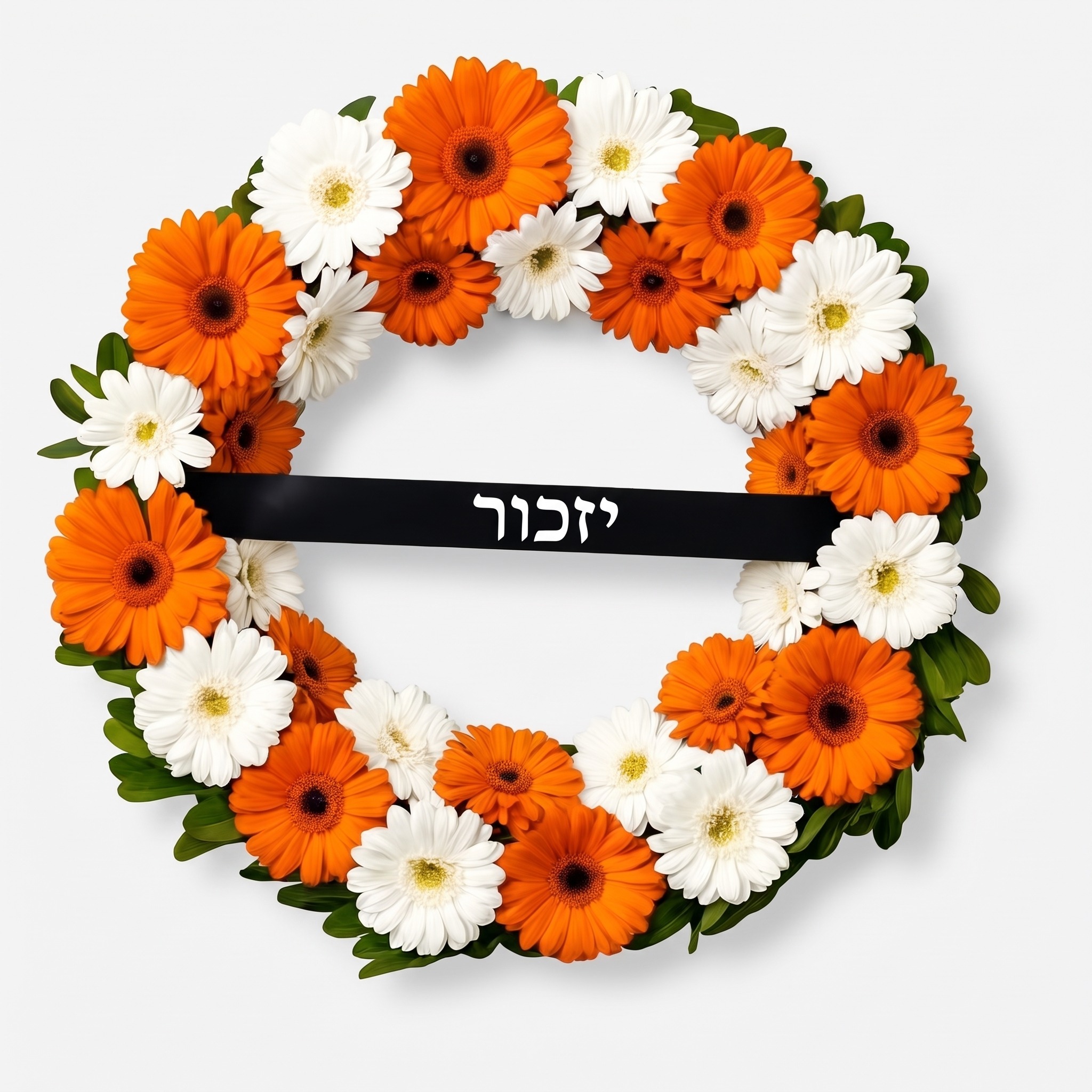 גלגל אבל עגול של גרברות כתומות ולבנות עם סרט "יזכור"