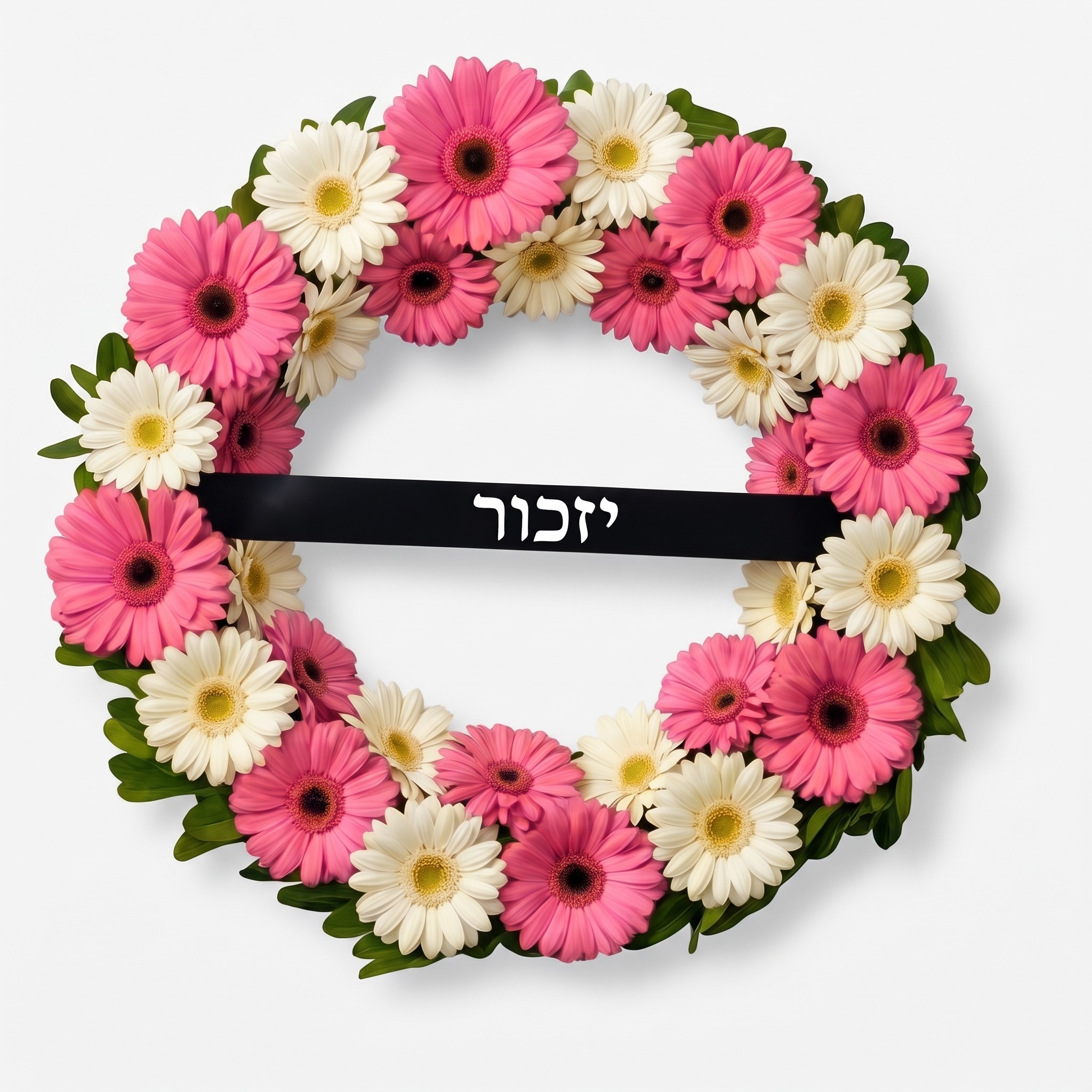 גלגל אבל עגול של גרברות ורודות ולבנות עם סרט "יזכור"