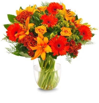 זר פרחים בלוז בשקיעה – זר אדום כתום חגיגי - פרחי עירית, משלוחי פרחים וחנויות פרחים בתפוצה ארצית