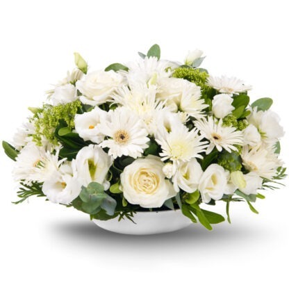 סידור פרחים עגול לבן – סידור שולחני עגול בלבן - פרחי עירית, משלוחי פרחים וחנויות פרחים בתפוצה ארצית