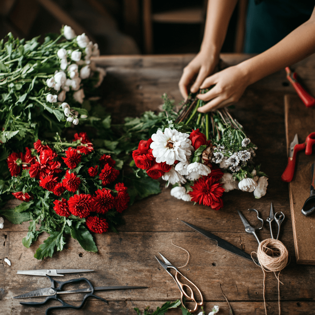 זר בעיצוב השוזר/ת באדום לבן