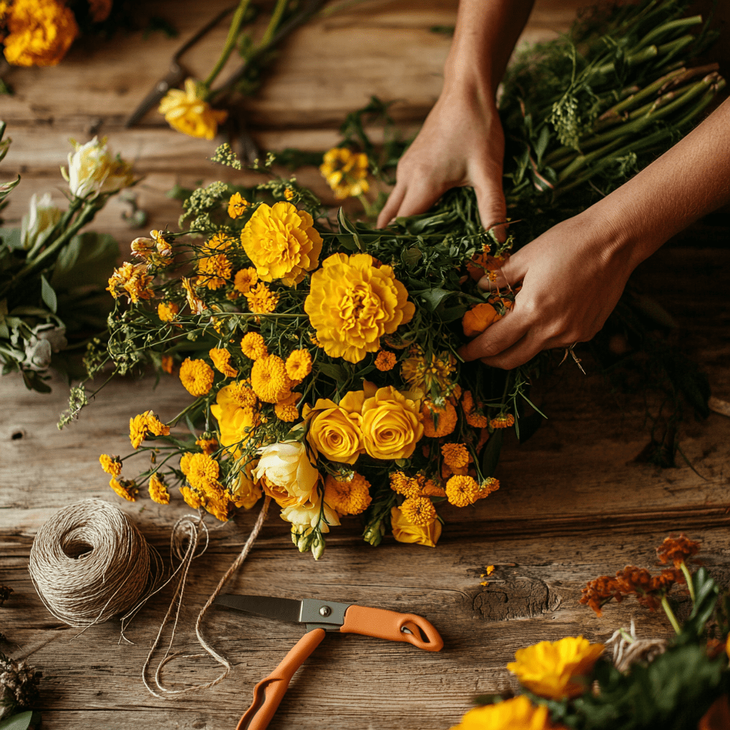 זר בעיצוב השוזר/ת בצהוב כתום