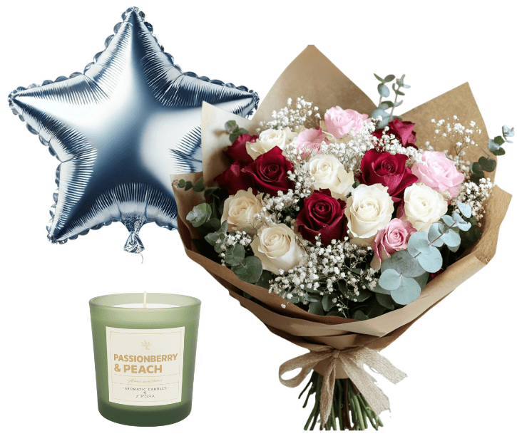 זר לאבלי עם נר ריחני ובלון כוכב כסוף