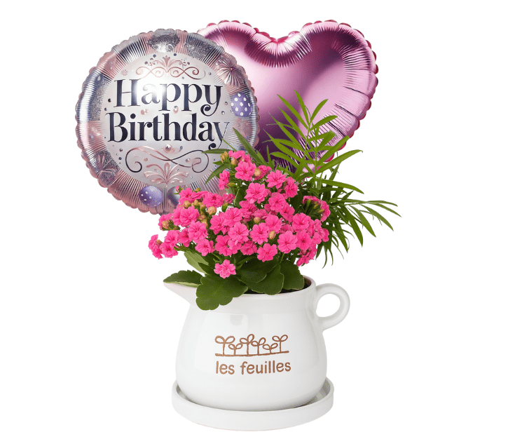 קומקום לבן עם בלון HB נשי ובלון לב ורוד חלק